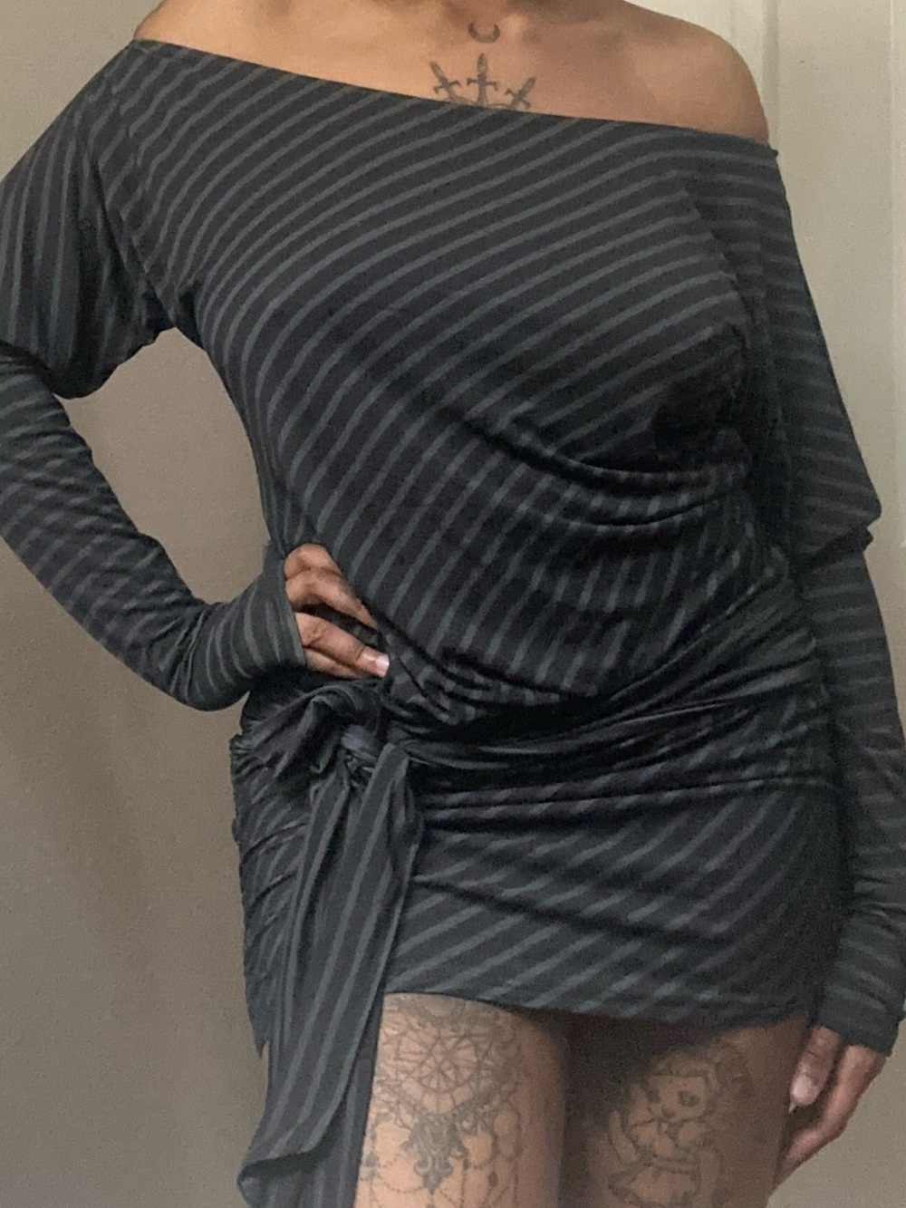 y2k Current Mood Black and Charcoal Striped Long-Sleeve Tie Detail Dress